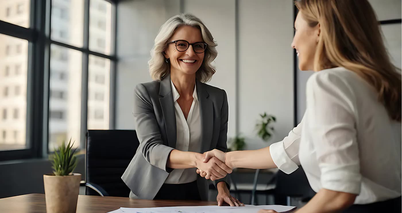 Two professionals shaking hands in an office