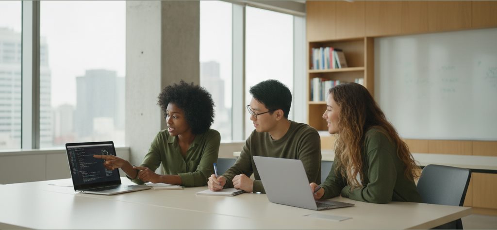 Students collaborating on research at a shared workspace