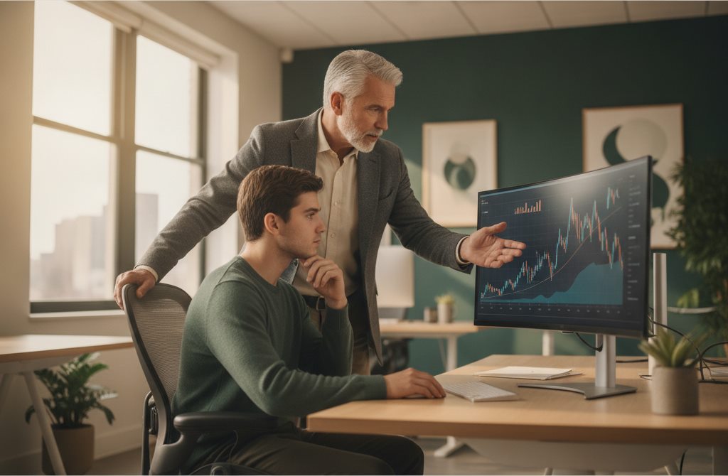 A mentor reviewing market charts with a student