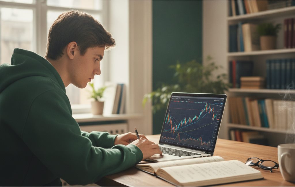A student studying market data on a laptop